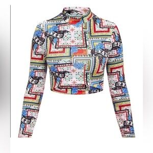 Pretty Little Thing blue Asian inspired curve hem long sleeve crop top sz 4